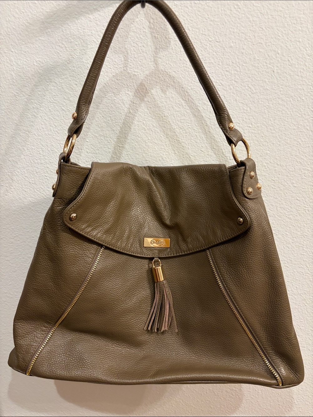 Onna Ehrlich Olive Leather Shoulder Bag with Tassel and Gold Hardware